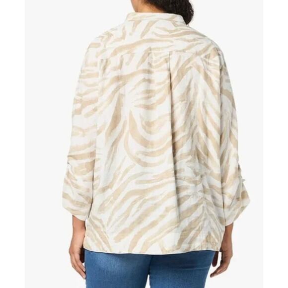 John Mark Linen Cotton Zebra Print Button Down Cinch Sleeve Tunic Top Large - Picture 2 of 14